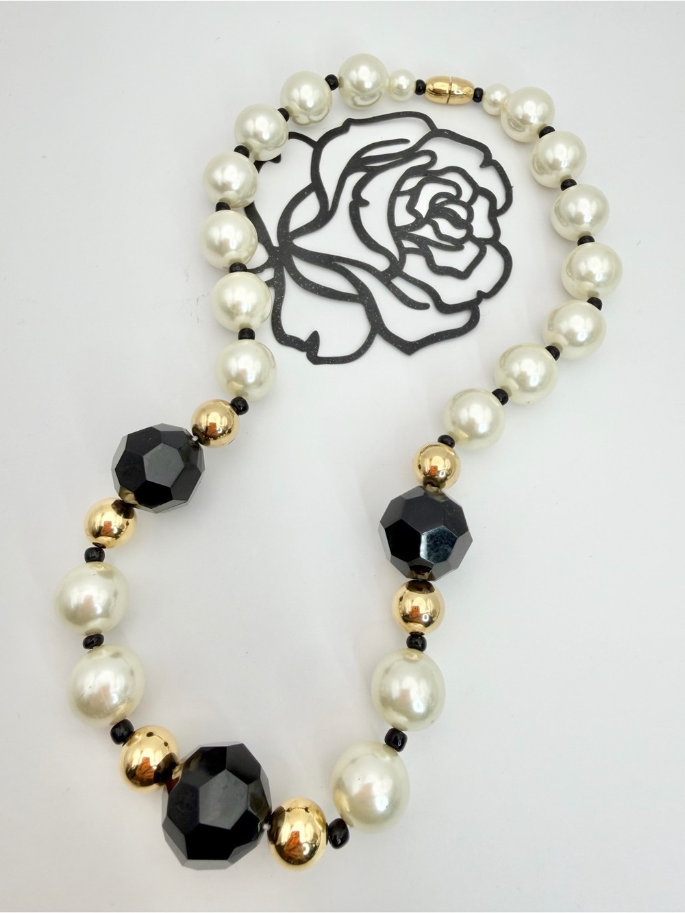 Classic Pearl & Black Bead Necklace with Gold Accents